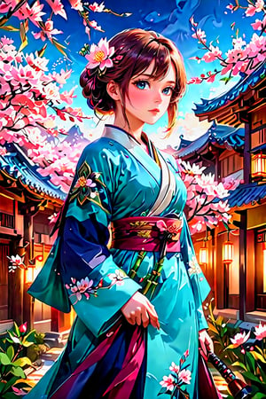 (8K, original, highest quality, famous photo: 1.2), (current, real photo: 1.3), ((3D lighting, aura)), Blue eyes, 1girl, holding, weapon, female focus, cherry blossom hanbok, flower bouquet, shoulder cloak, sheath, cherry blossom, spring, bamboo, lotus flower, architecture, East Asian architecture, Joseon tile house