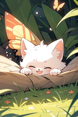 A dreamy sleeping cat running through the field and playing with butterflies and birds, a cute cat,cat,EpicFunnyCat