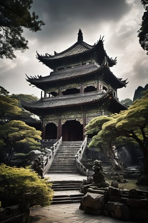 A majestic Chinese-style temple's intricately carved wooden doors slide open to reveal a serene courtyard, bathed in soft, warm light. A sturdy East Asian-inspired tree stands tall, its gnarled branches stretching towards the cloudy sky like nature's own ancient dragon. Ancient Chinese characters adorn the walls, whispering secrets of a bygone era, as the mythical eastern dragon's scales glint softly in shades of grey, blending seamlessly with the monochrome surroundings.