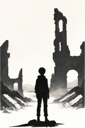 solo, 1boy, standing, outdoors, from behind, scenery, 1other, ruins, ambiguous gender,outline