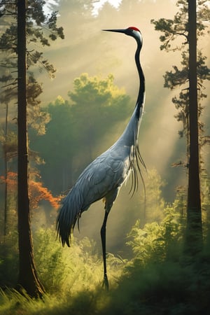 A majestic crane stands tall amidst a serene forest glade, its long neck and legs stretching towards the sky as it surveys its surroundings. The camera frames the shot from a low angle, looking up at the bird to emphasize its grandeur. Soft morning light filters through the canopy of towering pines, casting dappled shadows on the forest floor.