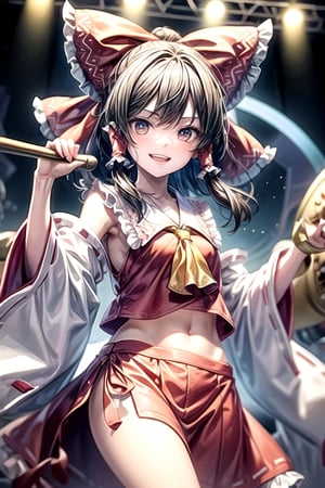 A girl stood alone on the park stage. She is playing drums. Every time he plays the drums, a bright smile spreads across his face, and the charm of the drums radiates from his fingertips.,hakurei reimu