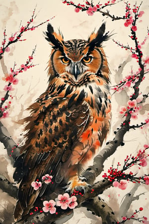 Eagle owl, plum blossom, peach tree