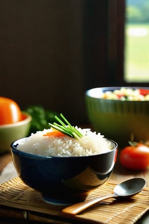 food, cup, no humans, plate, bowl, realistic, spoon, rice, food focus, vegetable, still life,booth