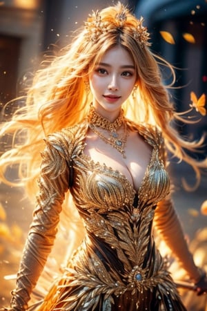 (8K, original photo, highest quality, masterpiece: 1.2), (current, realistic: 1.3), (sharp focus on chest), ((3D lighting, aura, bright rays, bright color reflection,)), classic and brilliant beauty A gorgeous golden goddess radiating . Wearing a golden dress, she reveals her opulence with abundant elegance. Her serene golden locks flow gracefully, complementing her glorious smile. Her eyes sparkle gold, as if radiating light wherever she looks. The elegantly loose hairstyle exudes a sophisticated charm that seems to be dancing in the wind. In her hands she holds a golden holder decorated with flowers, surrounded by vibrant flowers and butterflies. The area around the goddess shines in gold, naturally creating a fantastic play of light and shadow. Sunlight surrounds her, creating a fascinating interplay of light and shadow. The appearance of the goddess exudes a serene yet majestic atmosphere. Even in fantastic scenes, she solidifies her presence as a golden goddess and captures attention.,1 girl,ghostrider