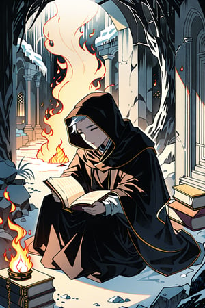 A dark room lit only by the flickering flames of a fire in a cold ice cave full of chills. A figure with a hood over his face sits surrounded by shadows. Dressed in long black robes, they hold open books illuminated by the warm light of the fire. The air was filled with mystery as I read the ancient book. The monk was perched next to them like a fearsome bookmark. 
grayscale