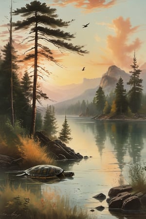 A serene mountain lake scene: Sunlight filters through wispy clouds, casting a warm glow on the tranquil waters. Tall pine trees stand sentinel, their branches swaying gently in the breeze. A delicate herb of elixir floats on the surface, surrounded by weathered rocks and ancient tree trunks. In the distance, cranes wade through the water's edge, while deer graze peacefully nearby. Turtles lazily swim beneath the surface, adding to the peaceful atmosphere.