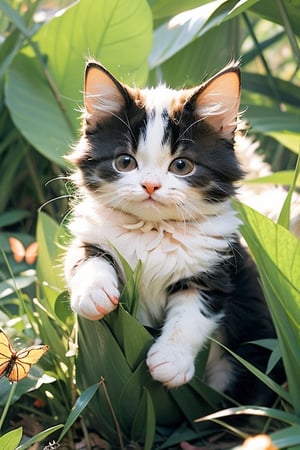 A dreamy sleeping cat running through the field and playing with butterflies and birds, a cute cat,cat