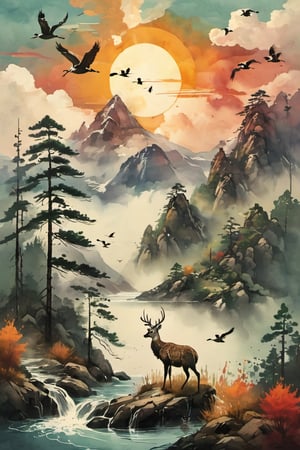 Sun, mountains, clouds, pine trees, herb of elixir, water, rocks, cranes, deer, turtles