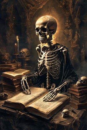 A skeletal figure, with a worn and weathered skull, holds an open book in its bony fingers. The pages are filled with ancient text, and the lighting is dimly lit from above, casting long shadows across the desk. The multiple boys' toys scattered around the scene hint at the story being read, while the eerie silence fills the air.