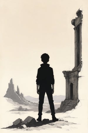 solo, 1boy, standing, outdoors, from behind, scenery, 1other, ruins, ambiguous gender,outline