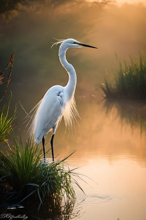 A solitary white egret stands tall amidst a serene lake's tranquil atmosphere, its delicate feathers glistening in warm morning light as it surveys its surroundings with regal poise. The camera captures the majestic bird from a low angle, emphasizing its statuesque presence against the misty landscape.