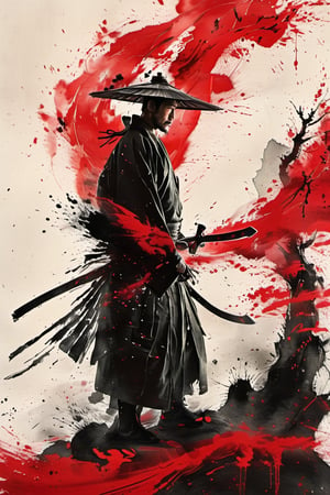 A lone figure stands tall on a serene white backdrop, cloaked in traditional Japanese attire. From the back, his katana glints in the soft light as he holds it at the ready. A vibrant red scarf flows dramatically down his back, contrasting with the solemnity of the scene. The surrounding tree serves as a subtle framing device, drawing attention to the mysterious warrior's imposing stance and majestic hakama.