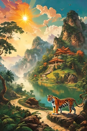 
Sun, big tree, big lake, big rocky mountain, big farmland, big house, snake, tiger, monkey, pig