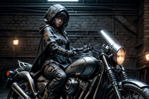 Black hair, weapons, female focus, girl, hood, torn cloak, , racing motorcycle, skeleton, riding, machine gun, boots, dark fantasy, perfect light,yk_cyborgs,cyborggirl,c1bo