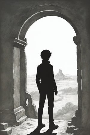 solo, 1boy, standing, outdoors, from behind, scenery, 1other, ruins, ambiguous gender,outline