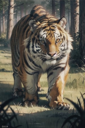 (8K, original, highest quality, famous photo: 1.2), (current, real photo: 1.3), (clear focus on chest), ((3D lighting, aura)), perfect lighting, details,, outdoors, no humans, animal, traditional media, grass, nature, forest, realistic, animal focus, tiger,post-Impressionist