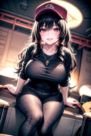 (8K, original, highest quality, famous photo: 1.2), (current, actual photo: 1.3), (clear focus on chest), ((3D lighting, aura)), 1 woman, long wavy hair, black hair, Chubby Asian woman, big breasts, big hips, narrow waist, thick thighs, detailed fingers, detailed toes, detailed arms, detailed legs, perfect lighting, details. Baseball cap, baseball jumper, ripped jeans, large skull necklace, blood red ruby ​​ring, drum, sitting on drum and playing

A girl stood alone on the park stage. She is playing drums. Every time he plays the drums, a bright smile spreads across his face, and the charm of the drums radiates from his fingertips.