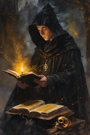 A young boy sits solo, cloaked in darkness, his hood up and a mysterious black cloak draped around him. He holds an open book, the yellowed pages illuminated by the soft glow of candles arranged on a nearby stand. The flickering flames dance across his pale face, casting eerie shadows as he intently reads the ancient tome. A skull rests on a nearby pedestal, its empty gaze seeming to watch over the young scholar's quiet devotion.