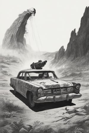 
Solo, 1 girl, standing, outdoors, from behind, scenery, machine gun, ruins, skull cave, whirlwind, whirlwind, dust, flying vines, dried up waterway, broken down car, black and white background