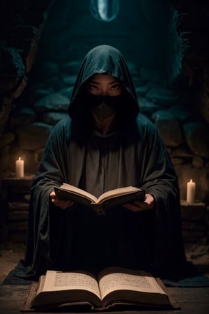 A dark room lit only by the flickering flames of a fire in a cold ice cave full of chills. A figure with a hood over his face sits surrounded by shadows. Dressed in long black robes, they hold open books illuminated by the warm light of the fire. The air was filled with mystery as I read the ancient book. The monk was perched next to them like a fearsome bookmark. 
grayscale