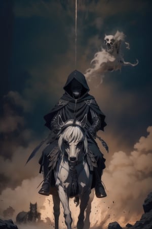 black hair, weapon, male focus, multiple boys, hood, cloak, skull, riding, horse, skeleton, horseback riding,nodf_lora,monochrome,Dorothy,Dark fantasy v2