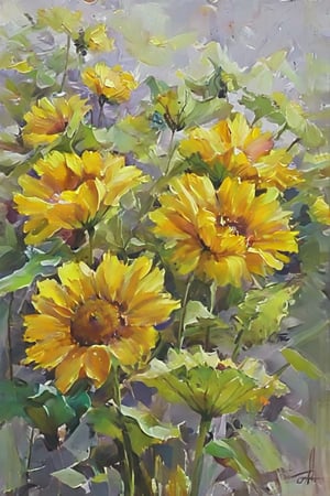 sunflower, gray colors,
, semicircle drawn with a brush,artistic oil painting stick