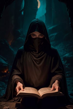 A dark room lit only by the flickering flames of a fire in a cold ice cave full of chills. A figure with a hood over his face sits surrounded by shadows. Dressed in long black robes, they hold open books illuminated by the warm light of the fire. The air was filled with mystery as I read the ancient book. The monk was perched next to them like a fearsome bookmark. 
grayscale