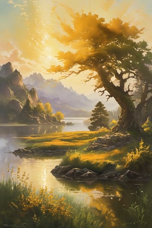 Golden light of dawn illuminates a serene spring morning scene. A majestic big tree stands tall at the water's edge of a vast big lake, its reflection perfectly mirrored in the calm waters. In the distance, a big rock mountain rises, its rugged peaks meeting the sky. Beyond the lake, big farmland stretches out, with rolling hills and lush greenery. Amidst this idyllic landscape, a magnificent golden dragon sprawls across the grassy clearing, its scales glistening in the warm sunlight.