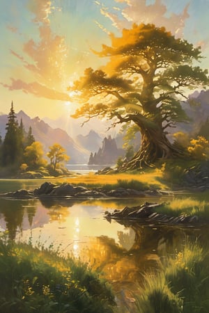 Golden light of dawn illuminates a serene spring morning scene. A majestic big tree stands tall at the water's edge of a vast big lake, its reflection perfectly mirrored in the calm waters. In the distance, a big rock mountain rises, its rugged peaks meeting the sky. Beyond the lake, big farmland stretches out, with rolling hills and lush greenery. Amidst this idyllic landscape, a magnificent golden dragon sprawls across the grassy clearing, its scales glistening in the warm sunlight.