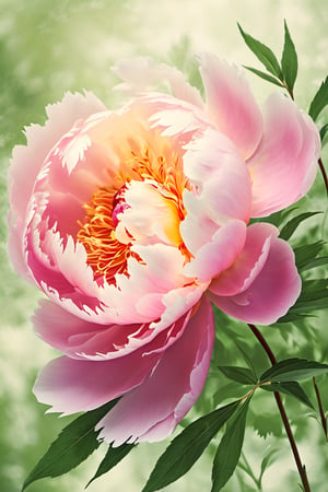 A close-up shot of a lush peony flower in soft focus, with delicate petals unfolding like a work of art. Natural light casts a warm glow on the flower's creamy center and subtle sheen. Framed against a blurred greenery background, the peony takes center stage, its gentle curves and wispy stamens evoking a sense of serenity.