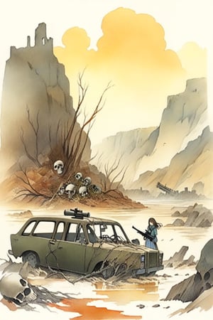 
Solo, 1 girl, standing, outdoors, in front, scenery, machine gun, ruins, skull cave, whirlwind, whirlwind, dust, flying vines, dried up waterway, broken down car