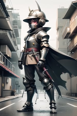 (8K, original, highest quality, famous photo: 1.2), (current, real photo: 1.3), ((3D lighting, aura)),

solo, red eyes, gloves, 1boy, holding, weapon, male-centric, japanese clothes, black gloves, sword, cape, weapon hold, armour, traditional media, sword hold, katana, helmet, shoulder armor, gauntlets, Scabbard, 1other, pauldron, scabbard, breastplate, Japanese armor, scabbard, full armor, ambiguous gender, samurai, goblin mask,lofi artstyle,Chromaspots