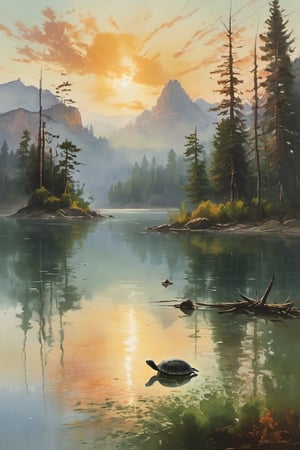 A serene mountain lake scene: Sunlight filters through wispy clouds, casting a warm glow on the tranquil waters. Tall pine trees stand sentinel, their branches swaying gently in the breeze. A delicate herb of elixir floats on the surface, surrounded by weathered rocks and ancient tree trunks. In the distance, cranes wade through the water's edge, while deer graze peacefully nearby. Turtles lazily swim beneath the surface, adding to the peaceful atmosphere.