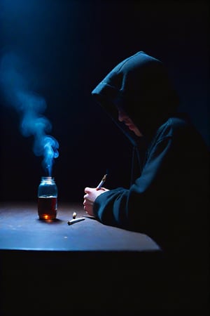 A lone figure, a young man with his hood up, sits solo at an indoor table, surrounded by remnants of a meal: a cup, a bottle, and a drinking glass. He's engrossed in the act of smoking a cigarette, its smoke curling towards a skull pendant on his clothing. His eyes are cast downward, lost in thought as he sits in contemplation, the only sound the soft crackle of the burning cigarette.