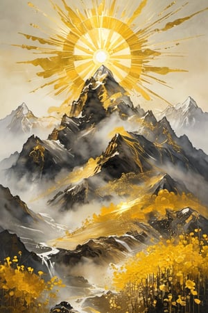 Sun, spring morning, golden mountain built with money, gold, silver, and jewels