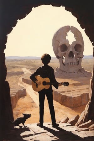 
Solo, 1 boy, standing, outdoors, from behind, scenery, 1 guitar, ruins, skull cave