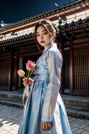 (8K, original, highest quality, famous photo: 1.2), (current, real photo: 1.3), ((3D lighting, aura)),

Blue eyes, 1girl, holding, weapon, female focus, cherry blossom hanbok, flower bouquet, shoulder cloak, sheath, cherry blossom, spring, bamboo, lotus flower, architecture, East Asian architecture, Joseon tile house,Hanbok
