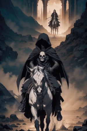 black hair, weapon, male focus, multiple boys, hood, cloak, skull, riding, horse, skeleton, horseback riding,nodf_lora,monochrome,Dorothy,Dark fantasy v2