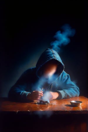 A solo figure of a young man sits alone in a dimly lit indoor setting, his worn denim hoodie pulled up over his head. He puffs on a cigarette, exhaling smoke that curls around the rim of a drinking glass on the table beside him. A cup and bottle sit nearby, abandoned or forgotten. The subject's focus is intently fixed on a skull-shaped ashtray in front of him, his male gaze unwavering as he savors the moment.