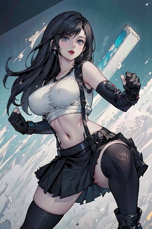  tifa, tifa FF7, tifa_lockhart, tifa lockhart, final fantasy vii remake, 1girl, ankle boots, black hair, black skirt, black thighhighs, boots, breasts, crop top, elbow gloves, elbow pads, fingerless gloves, official art, epic, splash style of colorful paint, contour, hyperdetailed intricately detailed, fantasy,  fantastical, intricate detail, splash screen, fantasy concept art, 16k resolution, oil painting, heavy strokes, paint dripping, splash arts, neon ambiance, muted colors, watercolor style, filigree detailed, rim lighting, magic, surreal, fantasy, ultra, realistic, sharp features, highly detailed, sharp focus, muted colors, perfect face, perfect eyes, perfect full lips, supple female form, vivid, cinematic, Film light, Hyper detailed, Hyper realistic, masterpiece, atmospheric, high resolution, vibrant, dynamic studio lighting, wlop,spotlight, tilt shift camera,Circle, better hands, better fingers, cinematic_pose