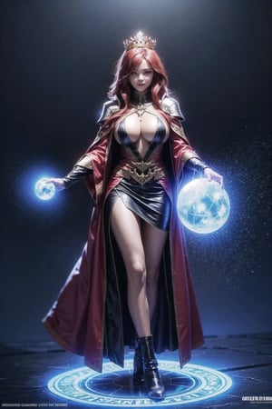Realistic,young wizard,fire spell,ice spell,Wizard,beauty,big_breasts,red robes,1 girl,messy_hair,long_hair,black skirt,glowing armor,red hair,royal palace,elegant breast plate,glowing,sparkling,queen crown,magic circle,19 years old