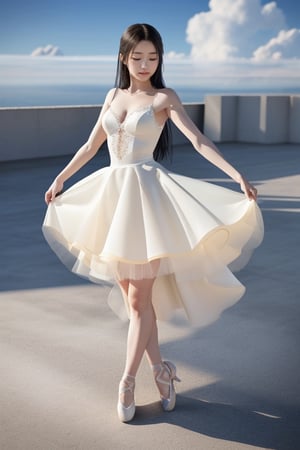 A beatiful Asian girl with long hair is dancing in the clouds like a ballerina, graceful and peaceful, detailed features, beautiful closed eyes, detailed long lashes, white ballerina dress and shoes, beautiful anime girl, digital anime illustration, fanart best artstation, digital anime art, detailed digital anime art, realistic anime 3 d style, beautiful young girl, full body length shot,bchiron