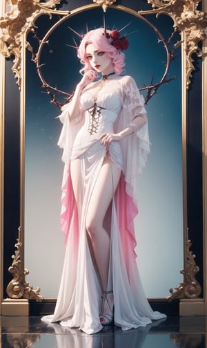 dark_academy, perfect face, perfect finger, gothic dress, vampire queen, wavy hair, see_through, thin fabric, white_rose, (red_rose: 0.5), thorns, pink and blue gradient hair, anime,1 girl, ((full body)), lolitagothi, high detail, Neoclassicism, reflection light,perfect light