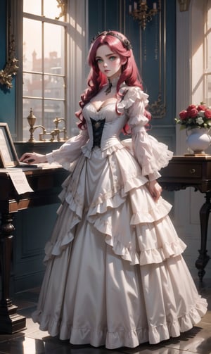 dark_academy, perfect face, perfect finger, gothic dress, vampire queen, wavy hair, see_through, transparent fabric, addams family, lace, roses, (black_rose: 0.8), thorns, bare_legs, show chest, (red and blue gradient hair), cleavage, anime,1 girl, ((full body)), green eyes, high detail, Neoclassicism, reflection light,perfect light, short VICTORIAN DRESS