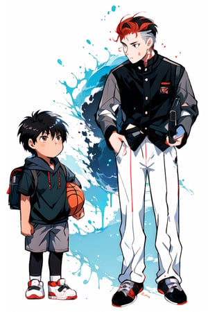 Two boys, High school students and elementary school students, Redhead, brunette, black student uniform, gakuran, Delicate facial features, casual sportswear, shorts, basketbball, sneakers, tsurime, Ghibli-like colours, Color Field painting, anime, UHD, masterpiece, anatomically correct, textured skin, high details, highres,simple_background,midjourney