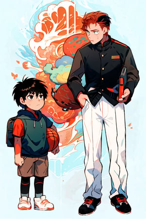 Two boys, High school students and elementary school students, Redhead, brunette, black student uniform, gakuran, Delicate facial features, casual sportswear, shorts, basketbball, sneakers, tsurime, Ghibli-like colours, Color Field painting, anime, UHD, masterpiece, anatomically correct, textured skin, high details, highres,simple_background,best quality