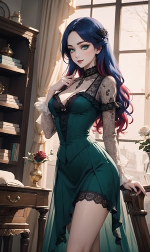 dark_academy, perfect face, shy, smile, perfect finger, gothic dress, vampire queen, wavy hair, see_through, transparent fabric, addams family, lace, roses, (black_rose: 0.8), thorns, bare_legs, show chest, (red and blue gradient hair:1.2), cleavage, anime,1 girl, green eyes, high detail, Neoclassicism, reflection light,perfect light, (dark green VICTORIAN DRESS), sexy pose