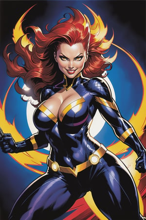 midshot black bold pen traces ultra detailed illustration Marvel Xmen Red Phoenix with a provocative smile in a provocative dynamic movement action pose ready to action attack, she has two electric batons in his hands ready to strike, bold black contour, she is Stunningly gorgeous seductively with a perfect body(tetradic colors) and amazing big breasts, Marvel Avengers background