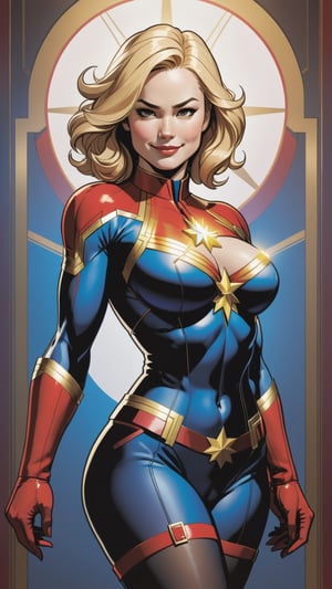 midshot, ultra detailed illustration Disney Marvel Captain Marvel with a provocative smile in a provocative pose, she is Stunningly gorgeous seductively with a perfect body (tetradic colors) and amazing big breasts cel-shading style, centered image,  inkpunk, ink lines, light particles, strong outlines, art nouveau, art by MSchiffer, bold traces, unframed, high contrast, cel-shaded, vector, art by MSchiffer, she wears only stockings with red garter belt, zoom out view,gaping nipples,heart_areola,detailmaster2